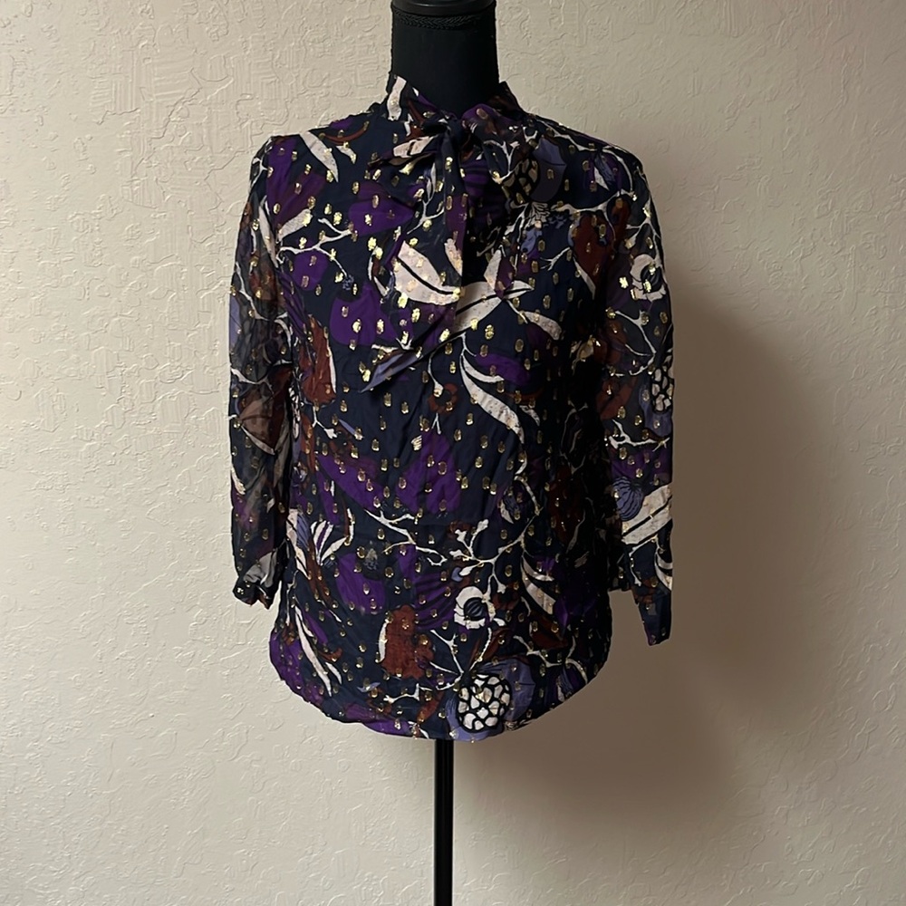 Whistles Purple Floral Metallic Dot Blouse - Picture 3 of 10